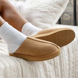 MINNETONKA TAN SUEDE FAUX FUR SLIPPER COZY STEPHANIE MULE WINTER LOUNGE GIFT 9